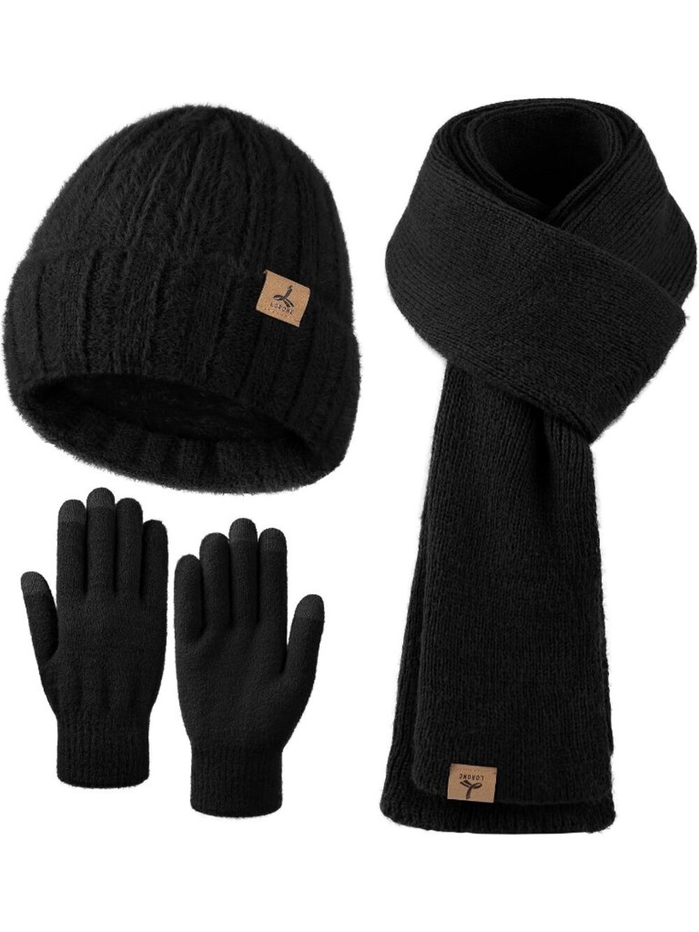 Women's Black Beanie Hat Gloves Scarf Cashmere Hat Gloves Scarf Accessories Set